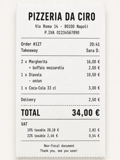 A courtesy receipt printed on 80 mm thermal paper: the pizzeria heading, the order lines with prices, the total and the VAT summary by rate.